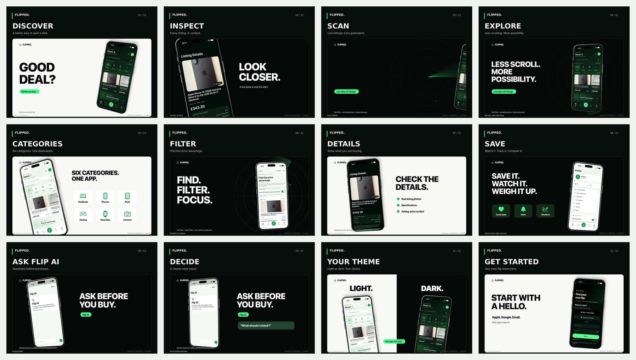 Overview of twelve Flipped. app screen designs